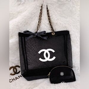 Chanel GWP Mesh Tote Bag with Makeup Pouch Set Black Beach Bag Large